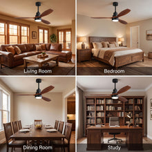 LUMERA fan shown in living room, bedroom, dining room and study