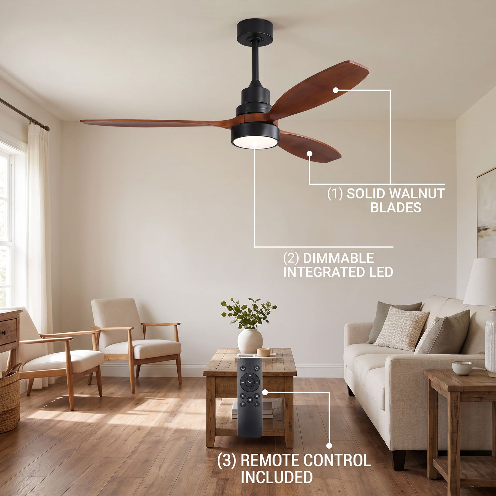 LUMERA fan feature callout - solid walnut blades, dimmable LED, remote control