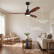 LUMERA fan feature callout - solid walnut blades, dimmable LED, remote control
