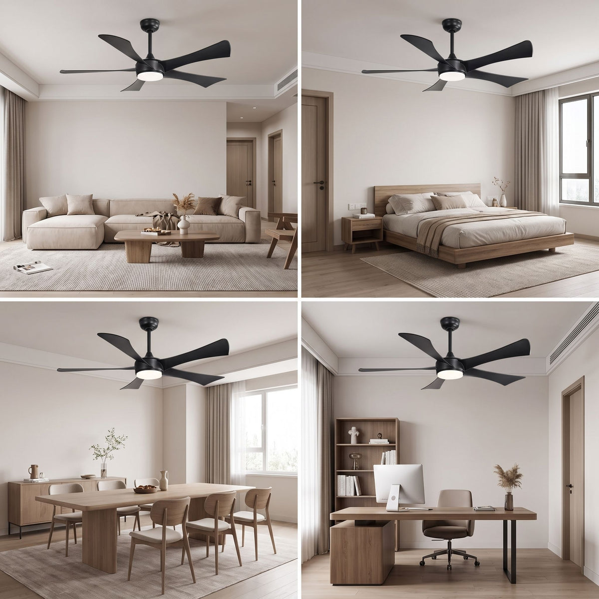 ISOLA fan shown in living room, bedroom, dining room and home office