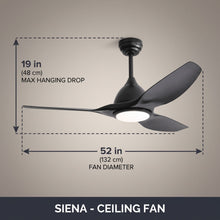 SIENA fan dimensions - 52in diameter, 19in max hanging drop