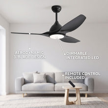 SIENA fan feature callout - aerodynamic 3-blade design, dimmable LED, remote control