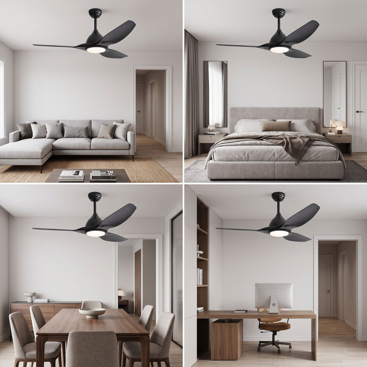 SIENA fan shown in living room, bedroom, dining room and home office