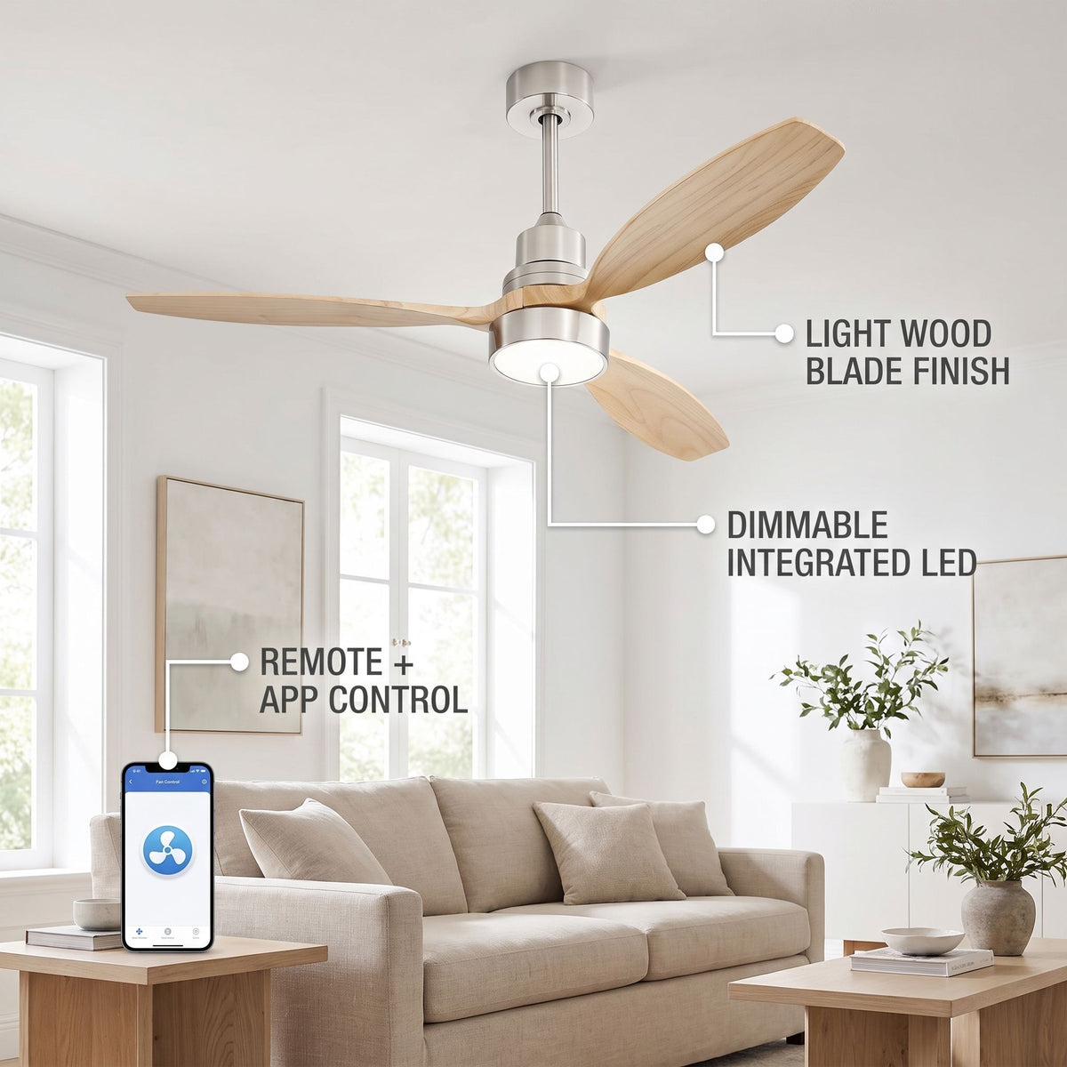 VARENA fan feature callout - light wood blade finish, dimmable LED, remote and app control
