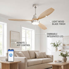 VARENA fan feature callout - light wood blade finish, dimmable LED, remote and app control
