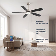LORENA fan feature callout - polished nickel finish, dimmable LED, remote and app control