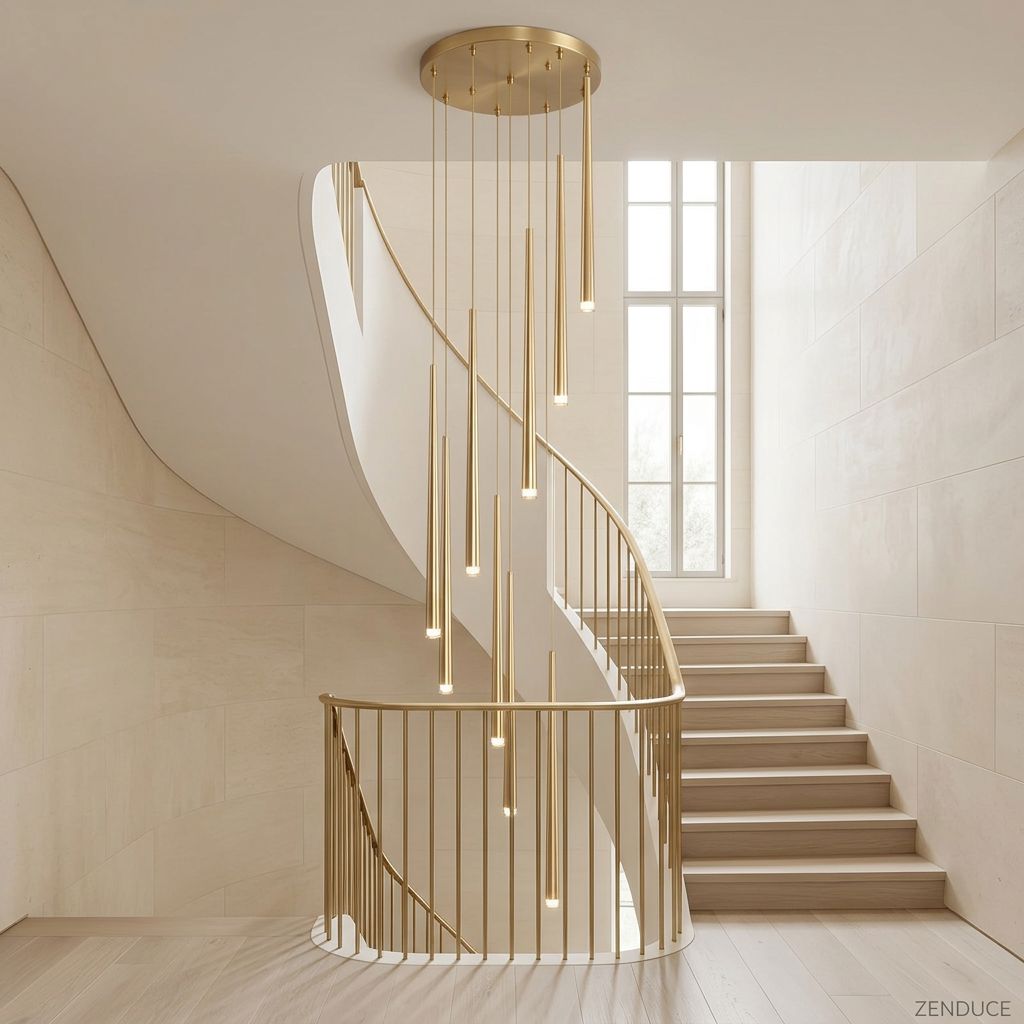 CINDRA gold cascading acrylic chandelier in a bright open stairwell