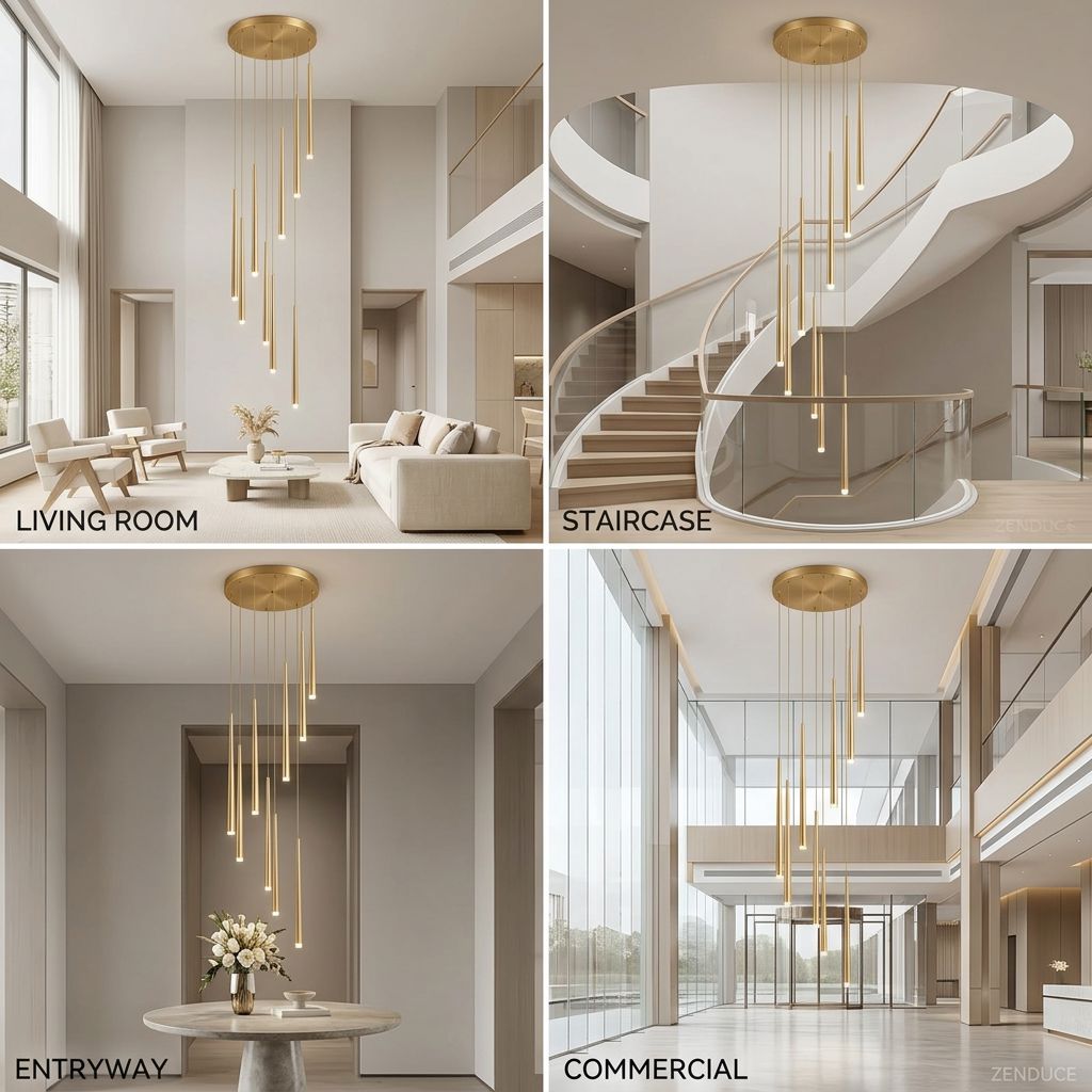 CINDRA shown in living room, staircase, entryway and commercial settings