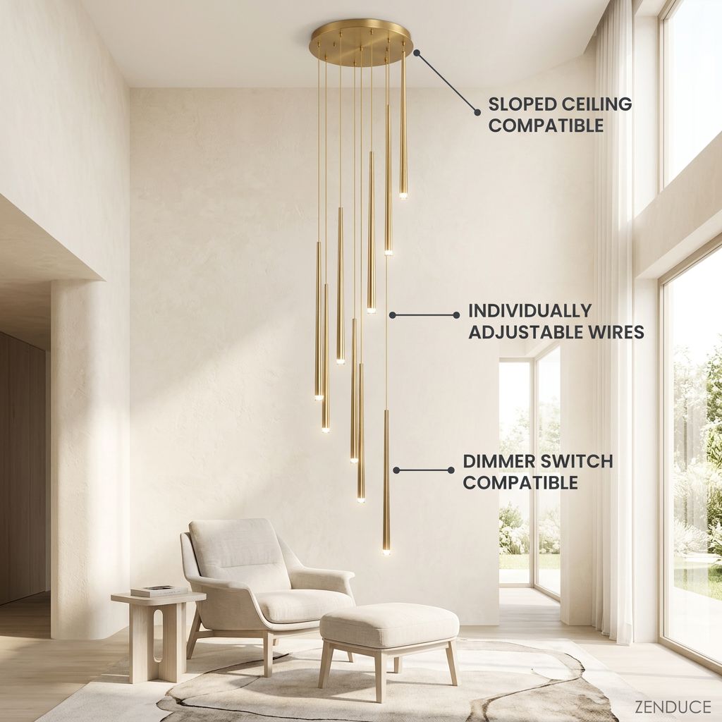 CINDRA features - sloped ceiling compatible, adjustable wires, dimmer compatible