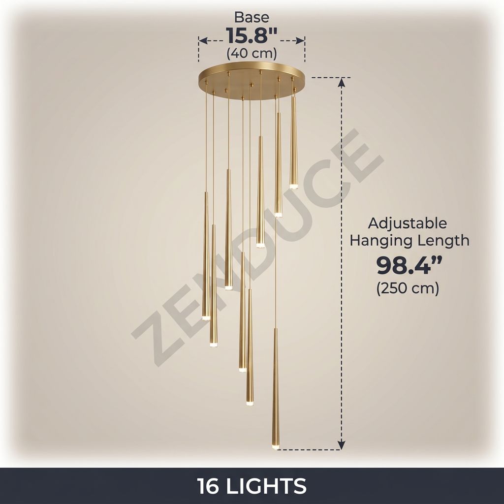 CINDRA 16 Lights dimensions - 15.8 inch base, 98.4 inch adjustable hanging length