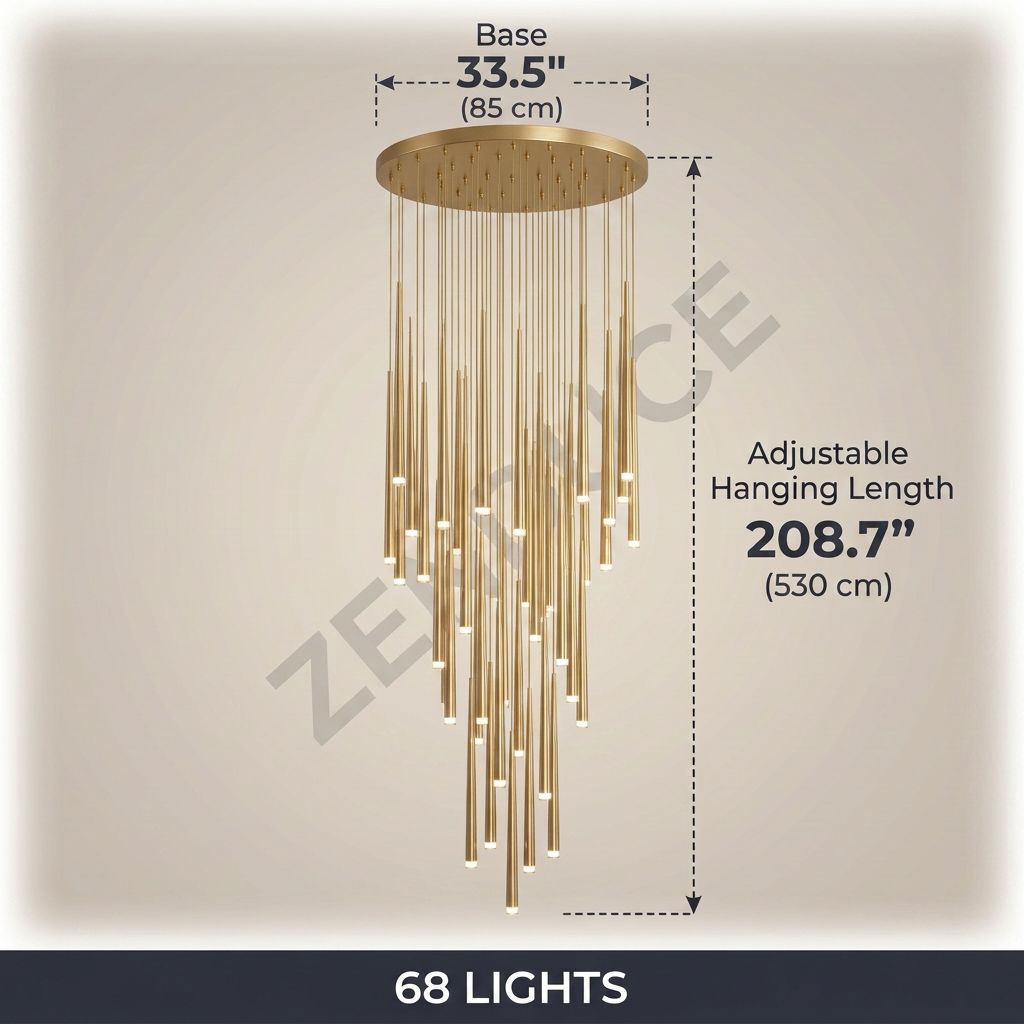 CINDRA 68 Lights dimensions - 33.5 inch base, 208.7 inch adjustable hanging length