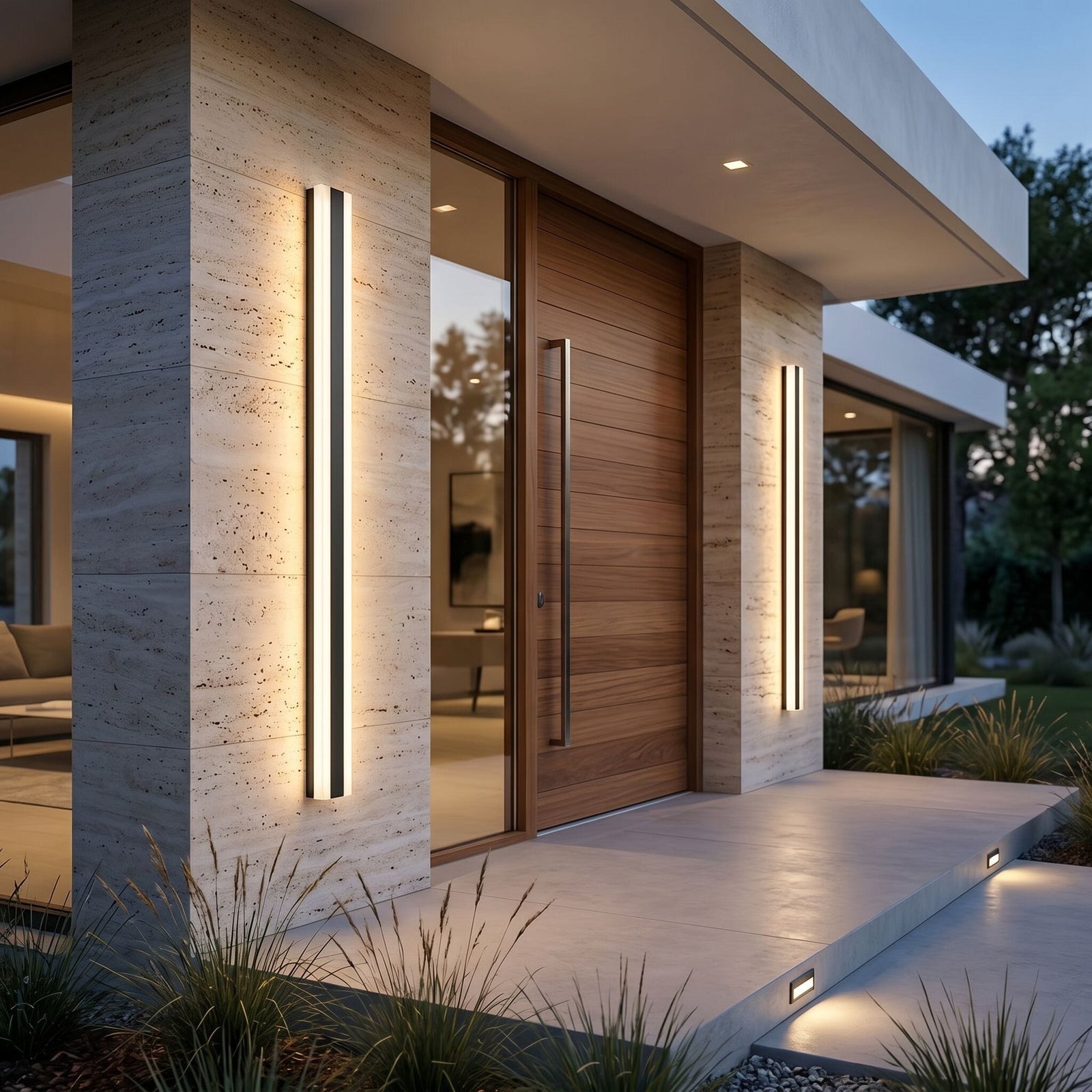 Lifestyle hero image of luxury villa entrance with Bolt wall light casting warm glow, emphasizing modern architecture and elegant design.