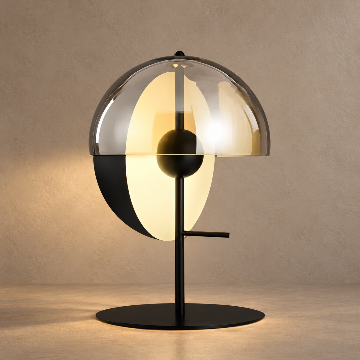 JERMEA floor lamp with clear glass dome and black crescent on mushroom taupe plaster