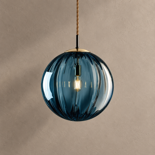 JUNITA blue fluted glass globe pendant on mushroom taupe plaster