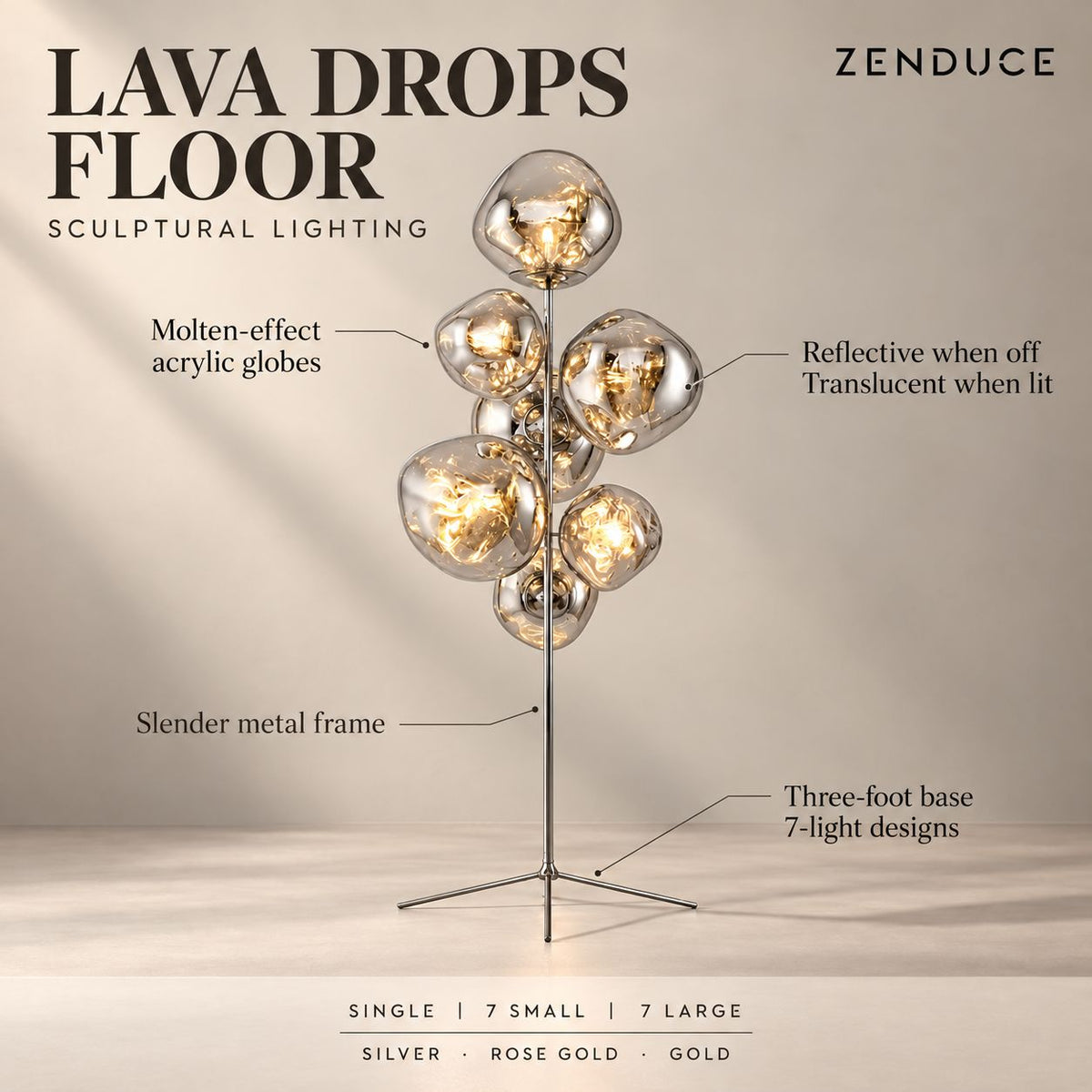 LAVA DROPS FLOOR feature guide showing molten-effect acrylic globes, reflective finish, metal frame and three-foot base