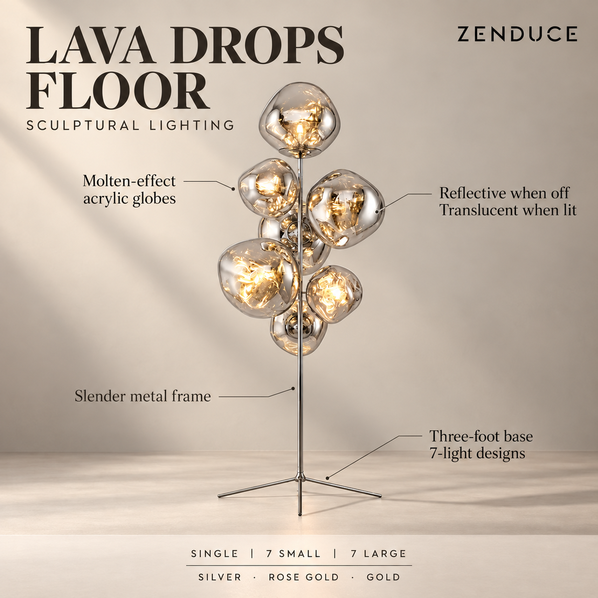 LAVA DROPS FLOOR feature guide showing molten-effect acrylic globes, reflective finish, metal frame and three-foot base