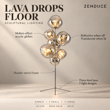 LAVA DROPS FLOOR feature guide showing molten-effect acrylic globes, reflective finish, metal frame and three-foot base