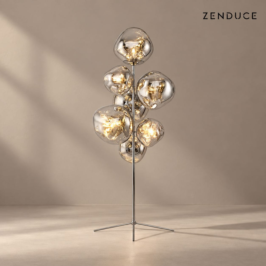 LAVA DROPS FLOOR sculptural globe floor lamp with reflective shades and a slender metal stand
