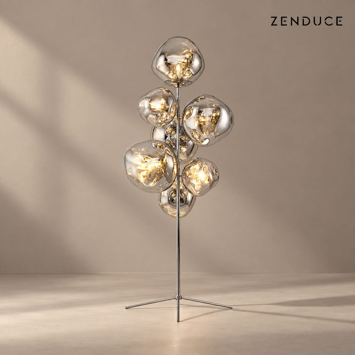 LAVA DROPS FLOOR sculptural globe floor lamp with reflective shades and a slender metal stand