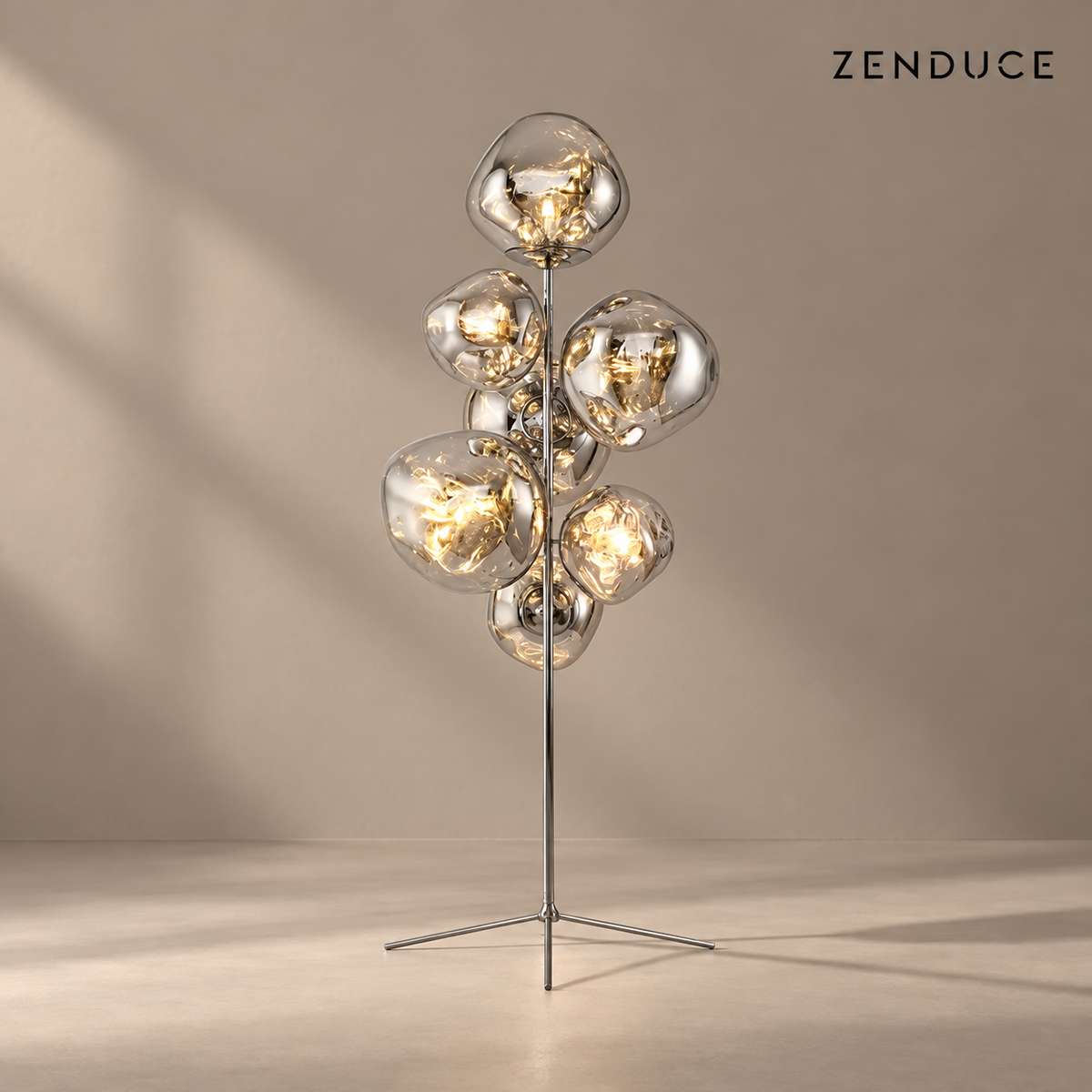 LAVA DROPS FLOOR sculptural globe floor lamp with reflective shades and a slender metal stand