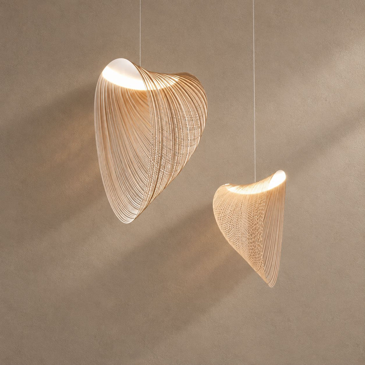 LUCORA lighting on a mushroom taupe background with natural shadows