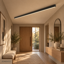 LUNIVA slim black linear LED ceiling light mounted flush in a warm entry hallway