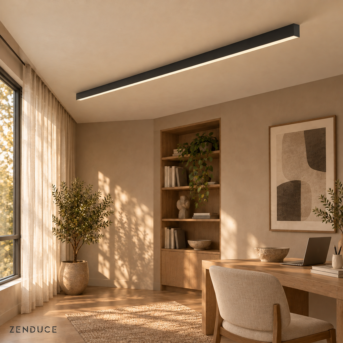 LUNIVA black rectangular flush ceiling bar with warm underside illumination above a study