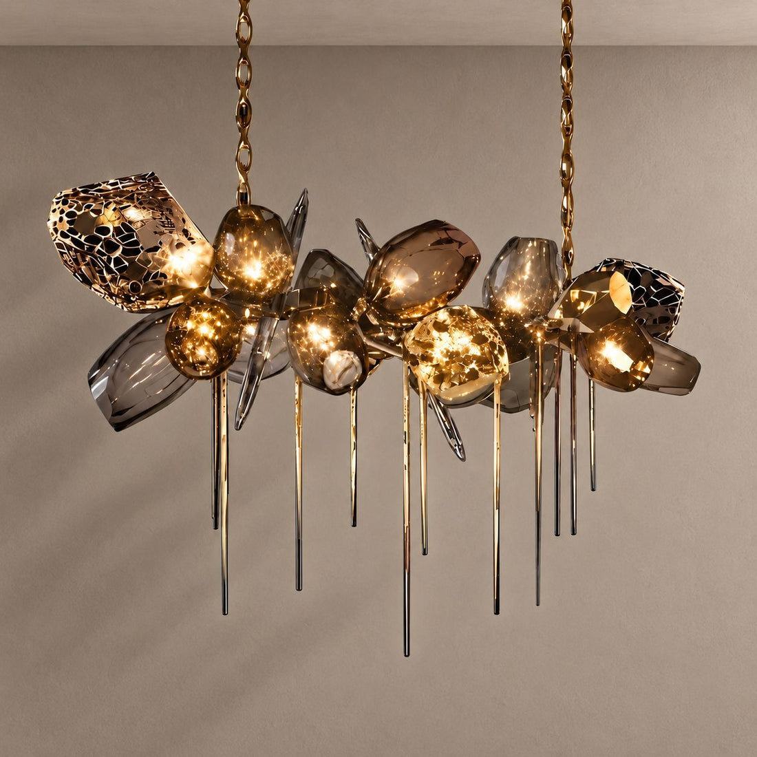 LUSTRE lighting with natural shadows against a mushroom taupe background
