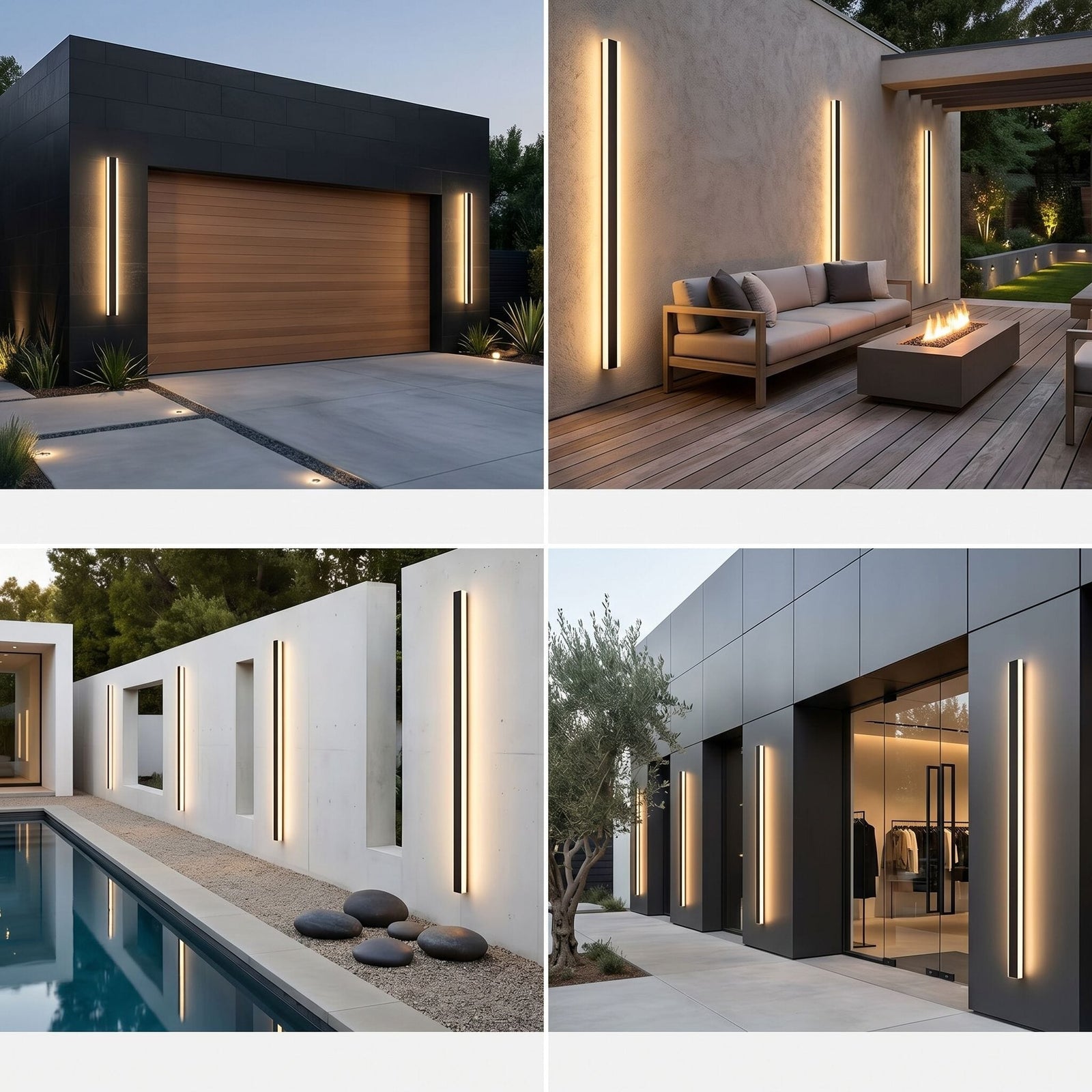 Four realistic outdoor scenes showing Bolt waterproof LED wall light installed on various premium exteriors, emitting warm light.