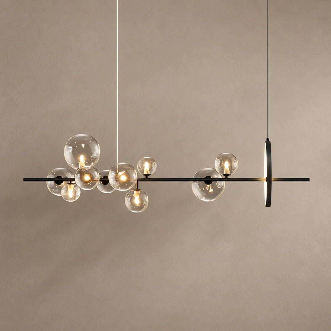 MACROCOSM black linear chandelier with ten clear glass globes and a vertical LED ring on mushroom taupe