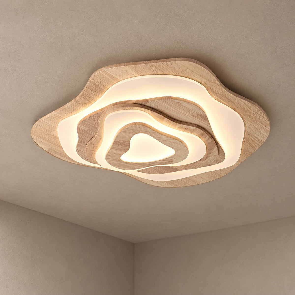 MAPLE layered pale wood flush ceiling light on mushroom taupe plaster with natural shadows