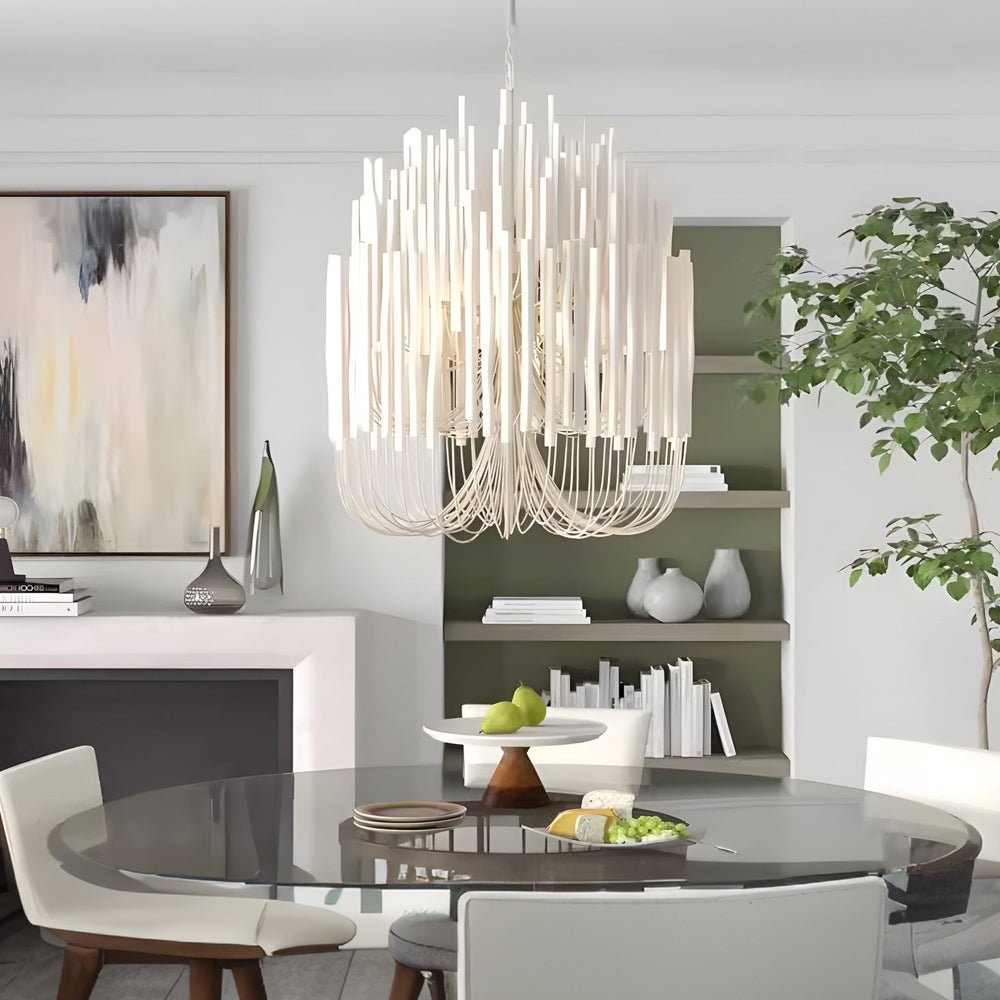 CERYNE - White wood chandelier in a contemporary living and dining space