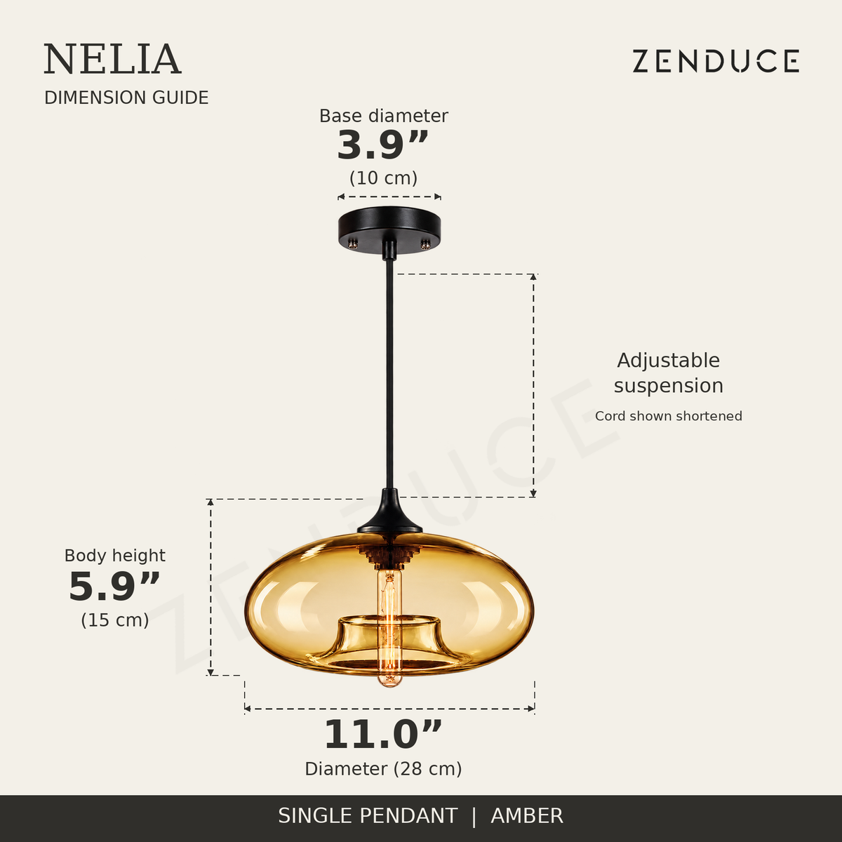 NELIA Amber pendant dimension guide: 11.0-inch diameter, 5.9-inch body height and 3.9-inch canopy