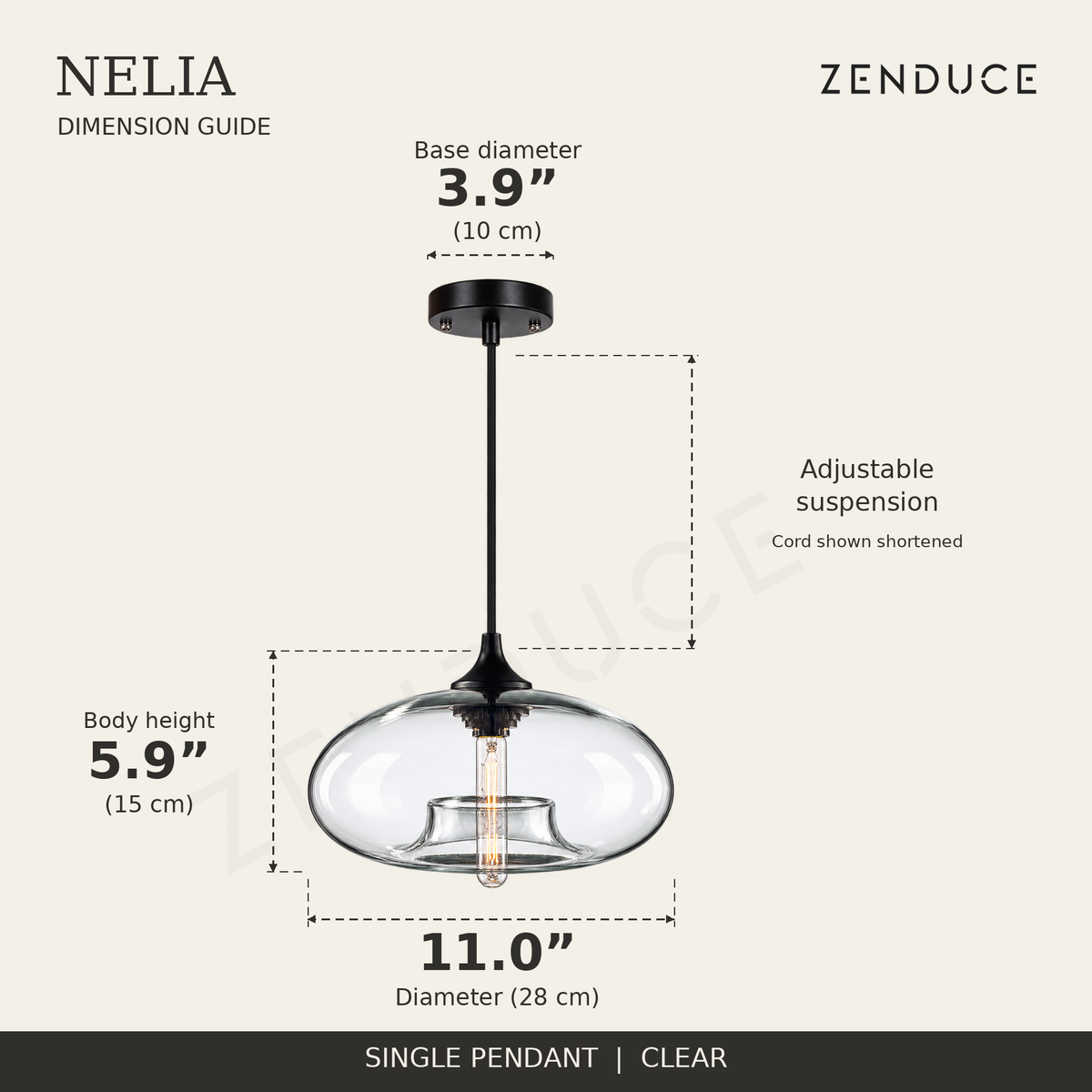 NELIA Clear pendant dimension guide: 11.0-inch diameter, 5.9-inch body height and 3.9-inch canopy