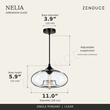 NELIA Clear pendant dimension guide: 11.0-inch diameter, 5.9-inch body height and 3.9-inch canopy