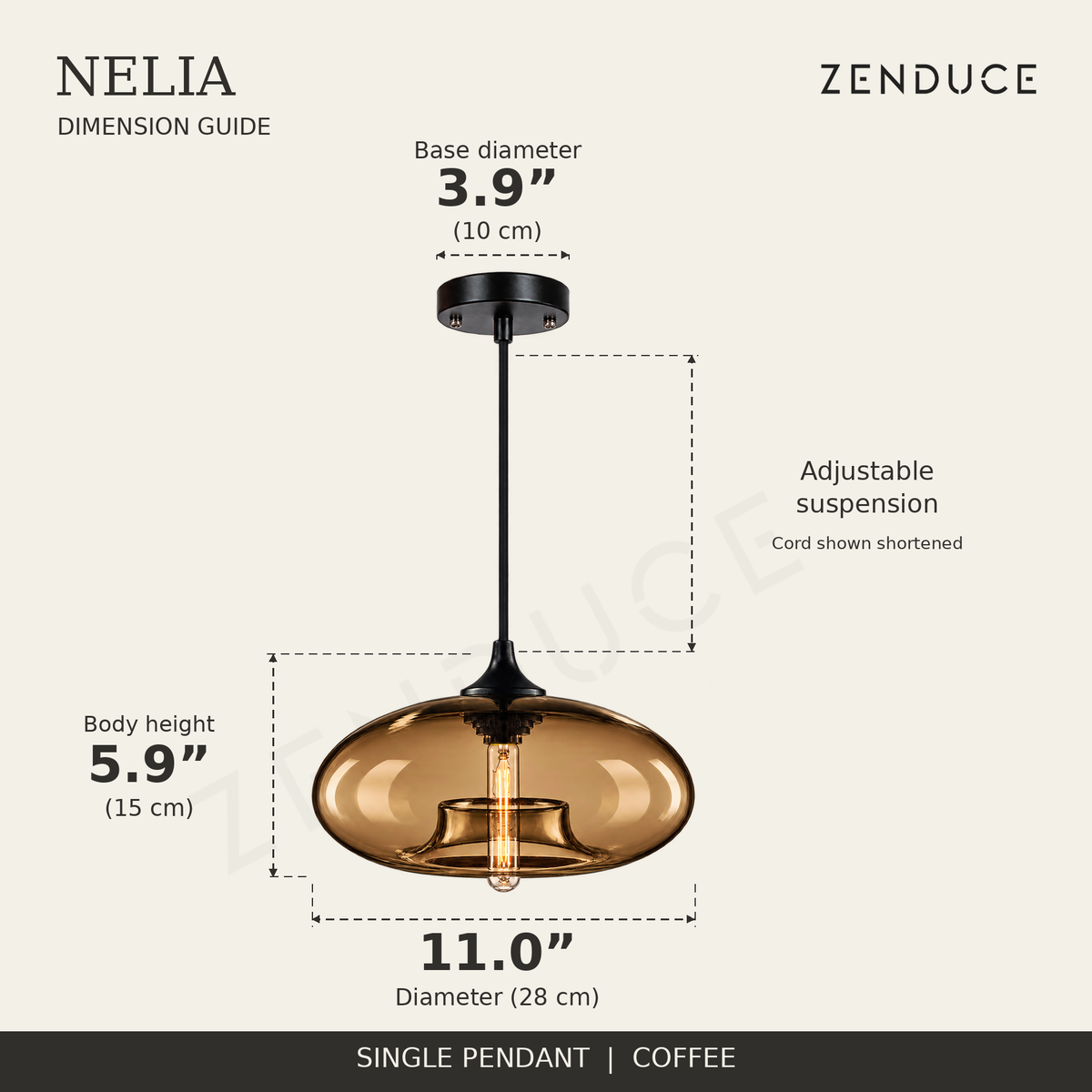 NELIA Coffee pendant dimension guide: 11.0-inch diameter, 5.9-inch body height and 3.9-inch canopy
