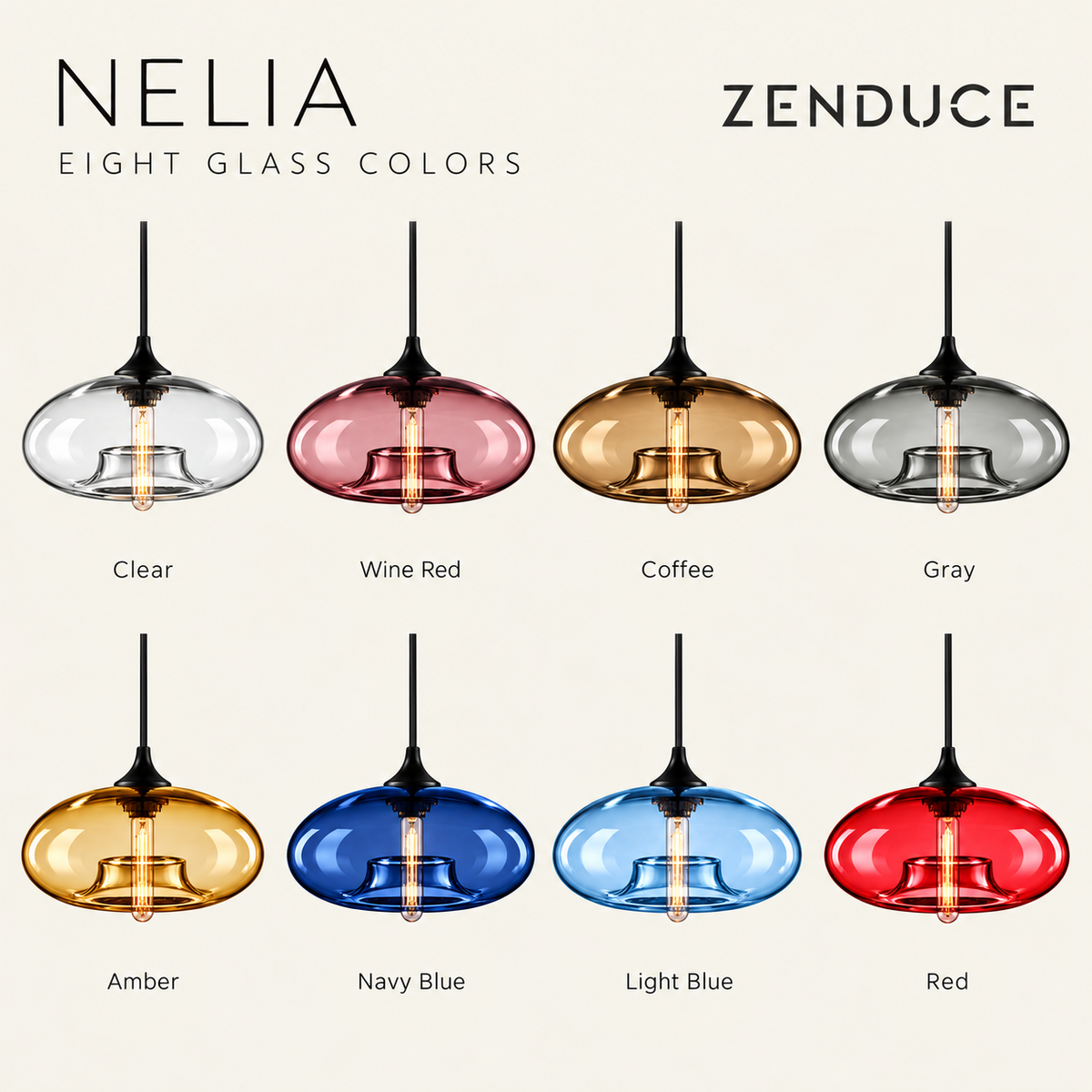 NELIA pendant glass colors: Clear, Wine Red, Coffee, Gray, Amber, Navy Blue, Light Blue and Red