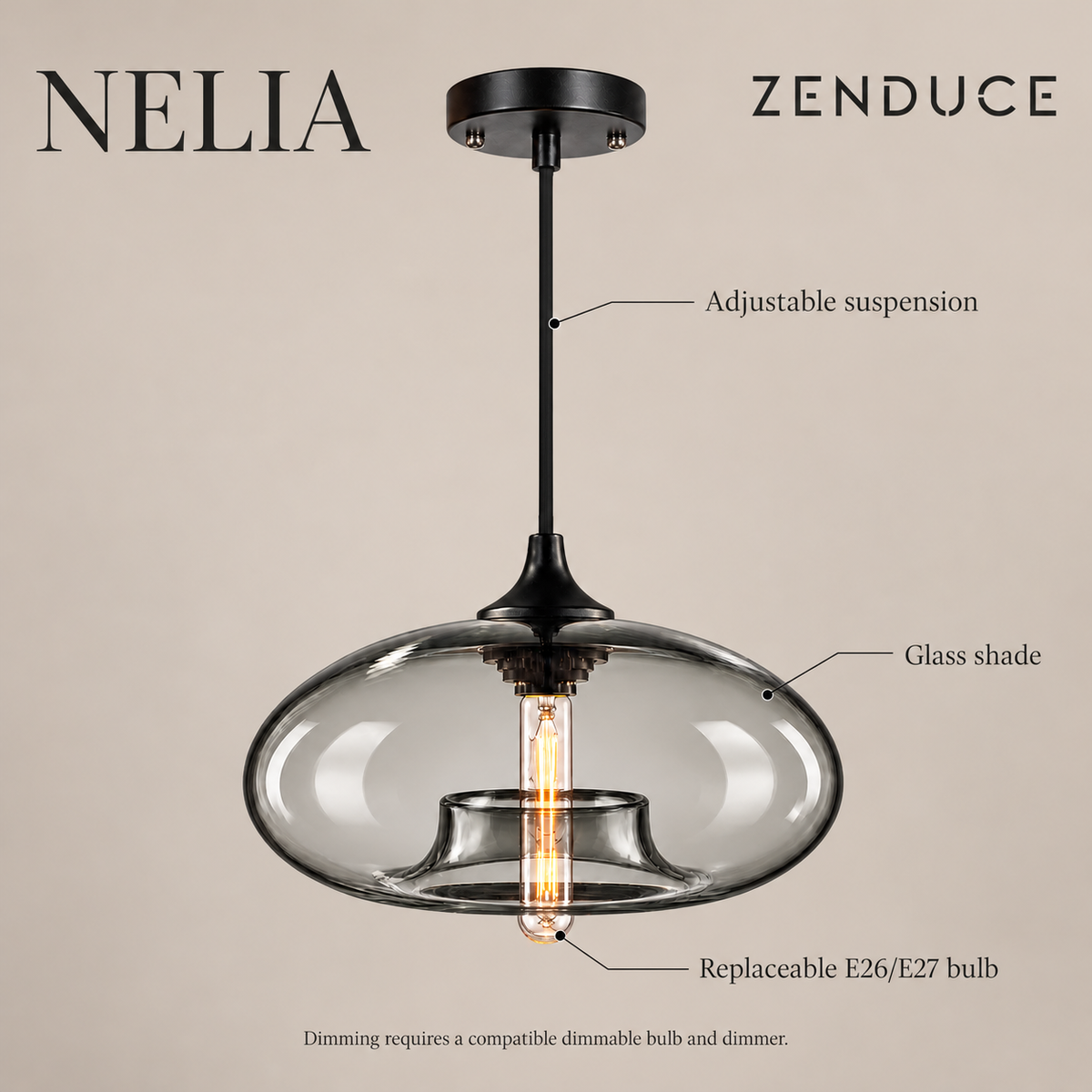 NELIA Gray pendant features: glass shade, adjustable cord and replaceable E26/E27 bulb