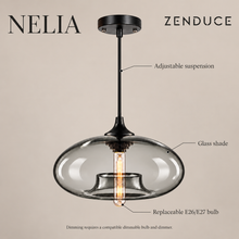 NELIA Gray pendant features: glass shade, adjustable cord and replaceable E26/E27 bulb