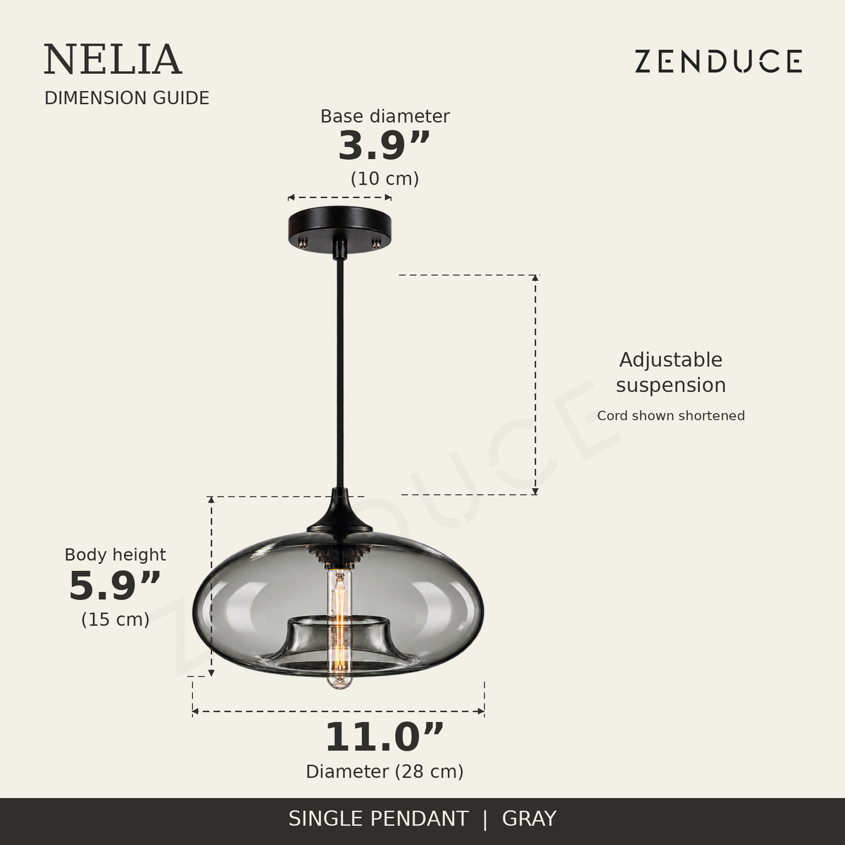 NELIA Gray pendant dimension guide: 11.0-inch diameter, 5.9-inch body height and 3.9-inch canopy