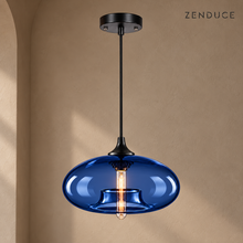 NELIA Navy Blue flattened glass pendant with black fittings