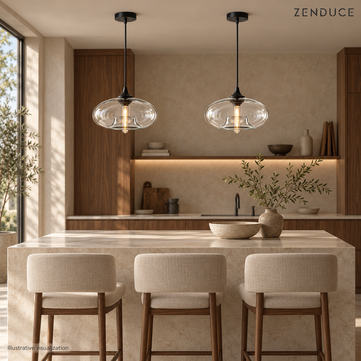 Two Clear NELIA glass pendants above a kitchen island, illustrative room visualization