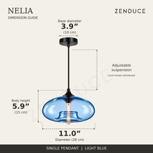NELIA Light Blue pendant dimension guide: 11.0-inch diameter, 5.9-inch body height and 3.9-inch canopy