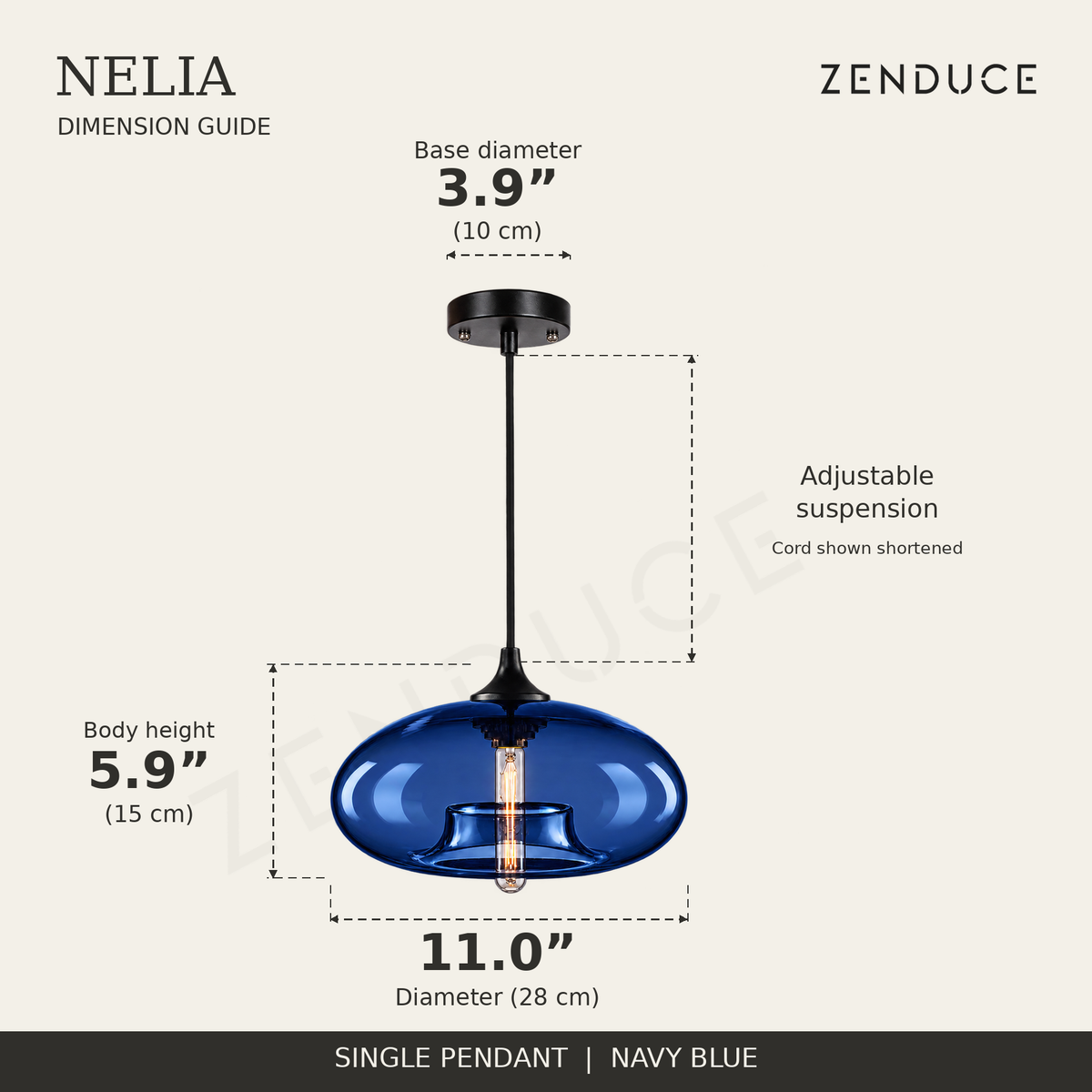 NELIA Navy Blue pendant dimension guide: 11.0-inch diameter, 5.9-inch body height and 3.9-inch canopy