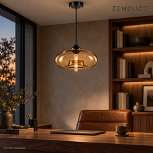 Coffee NELIA glass pendant above a walnut home office desk, illustrative visualization