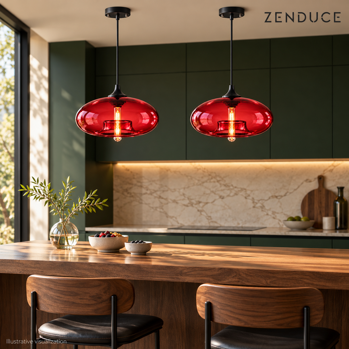 Two Red NELIA glass pendants above a walnut breakfast bar with green cabinetry, illustrative visualization