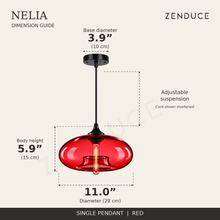 NELIA Red pendant dimension guide: 11.0-inch diameter, 5.9-inch body height and 3.9-inch canopy