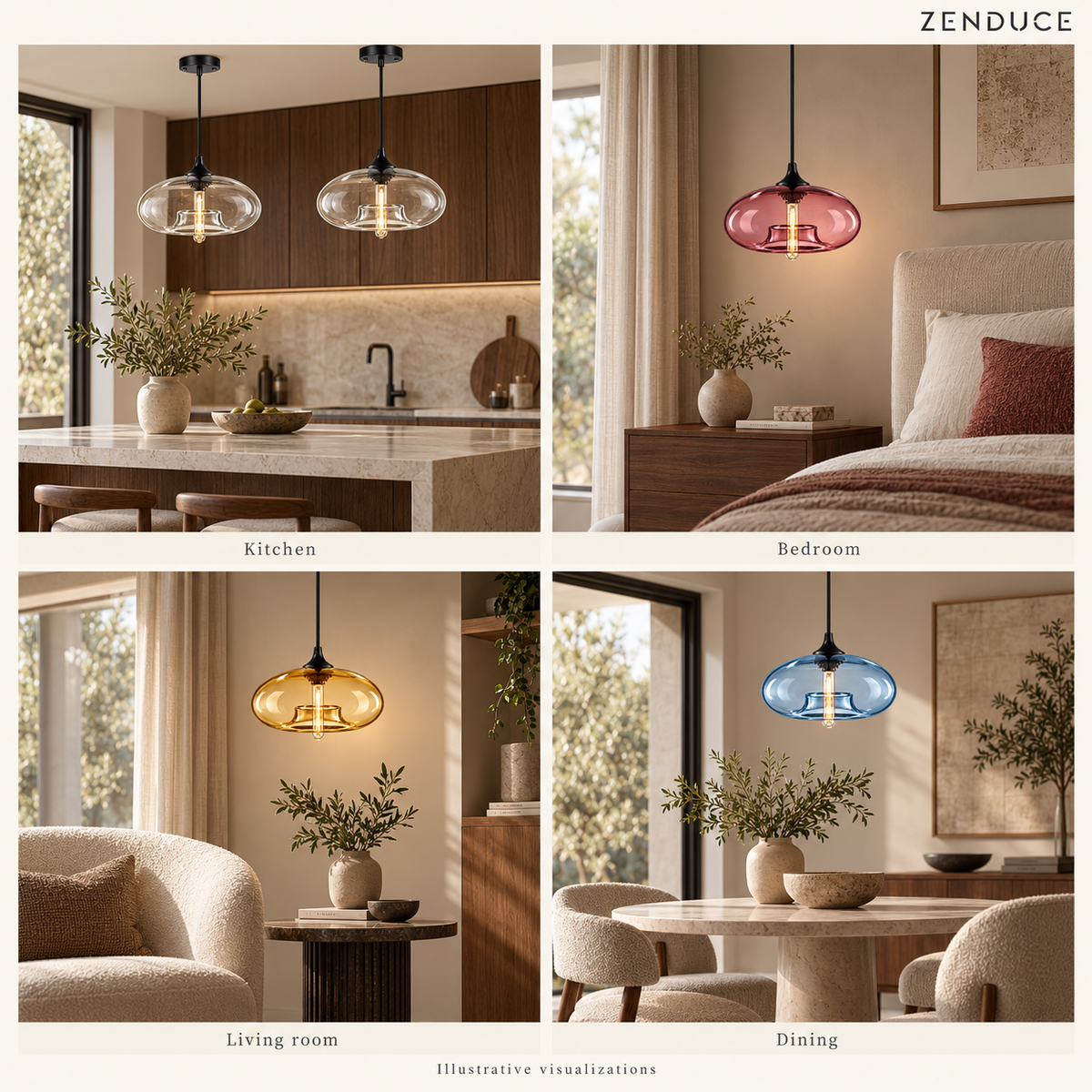 NELIA glass pendants styled in kitchen, bedroom, living room and dining room visualizations