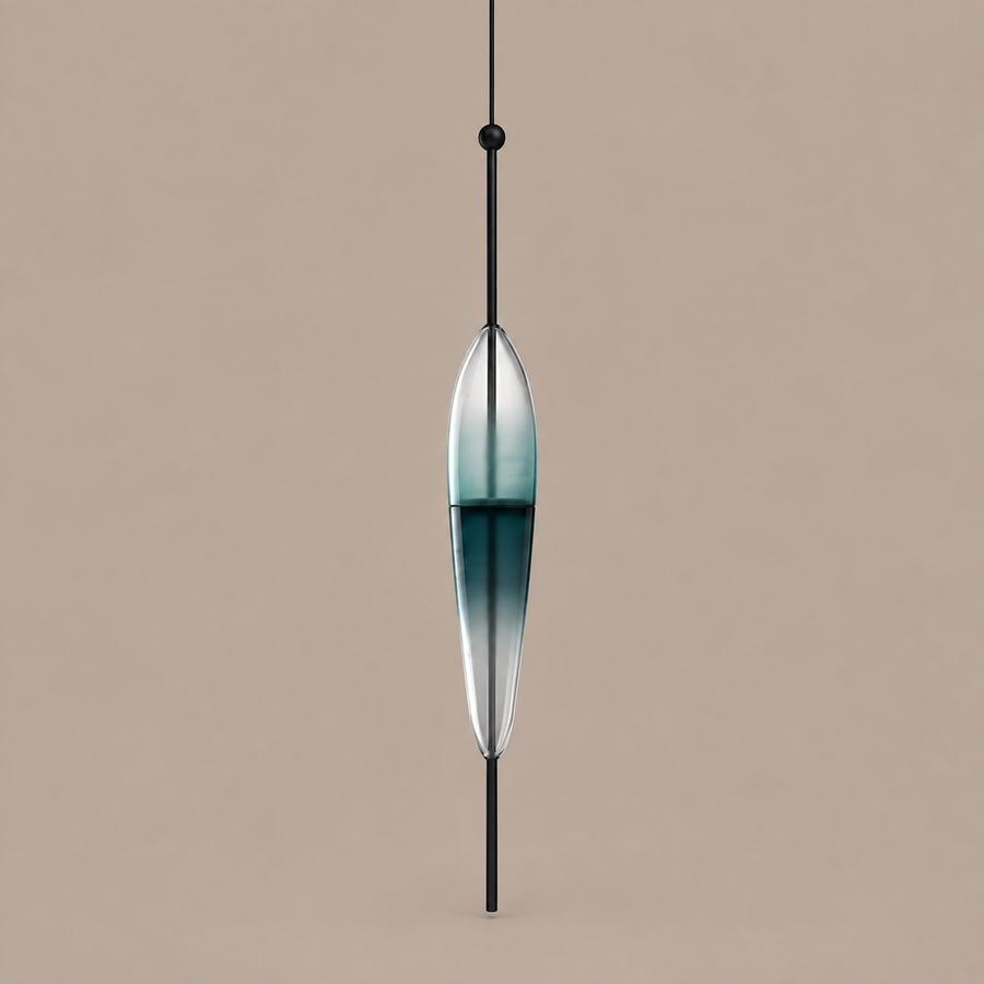 NERINA A Spindle pendant with blue-green gradient glass and black stem on mushroom taupe