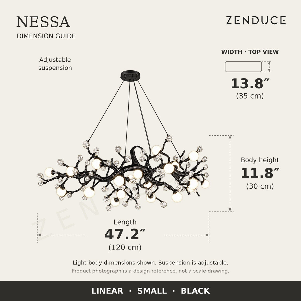 NESSA Small Black dimension guide: 120 cm long, 35 cm wide, 30 cm light-body height
